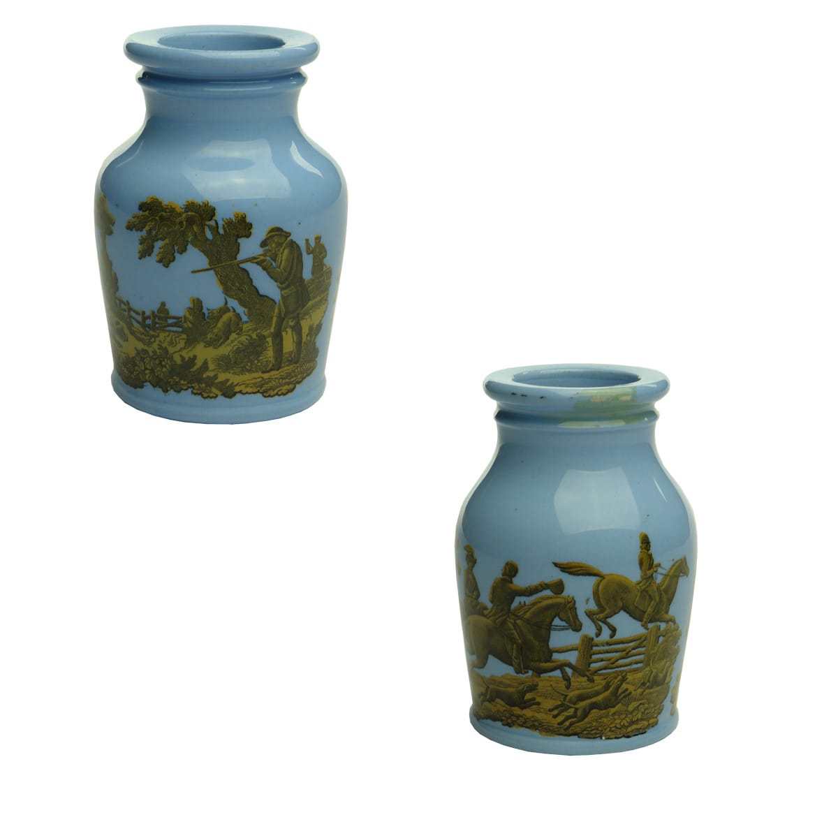 2 Blue Prattware type Jars. Rabbit or Hare Hunting with Dogs. and Fox Hunt. Both with British Registration to base.