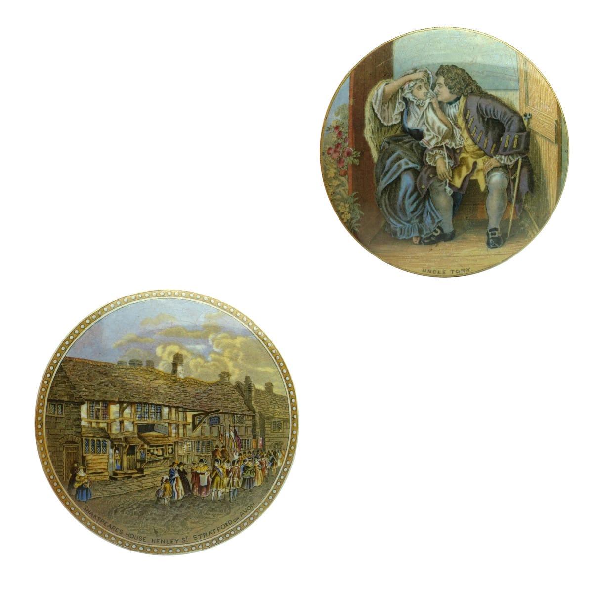 Pair of Prattware Lids: Uncle Toby and Shakspeare's House, Stratford on Avon.