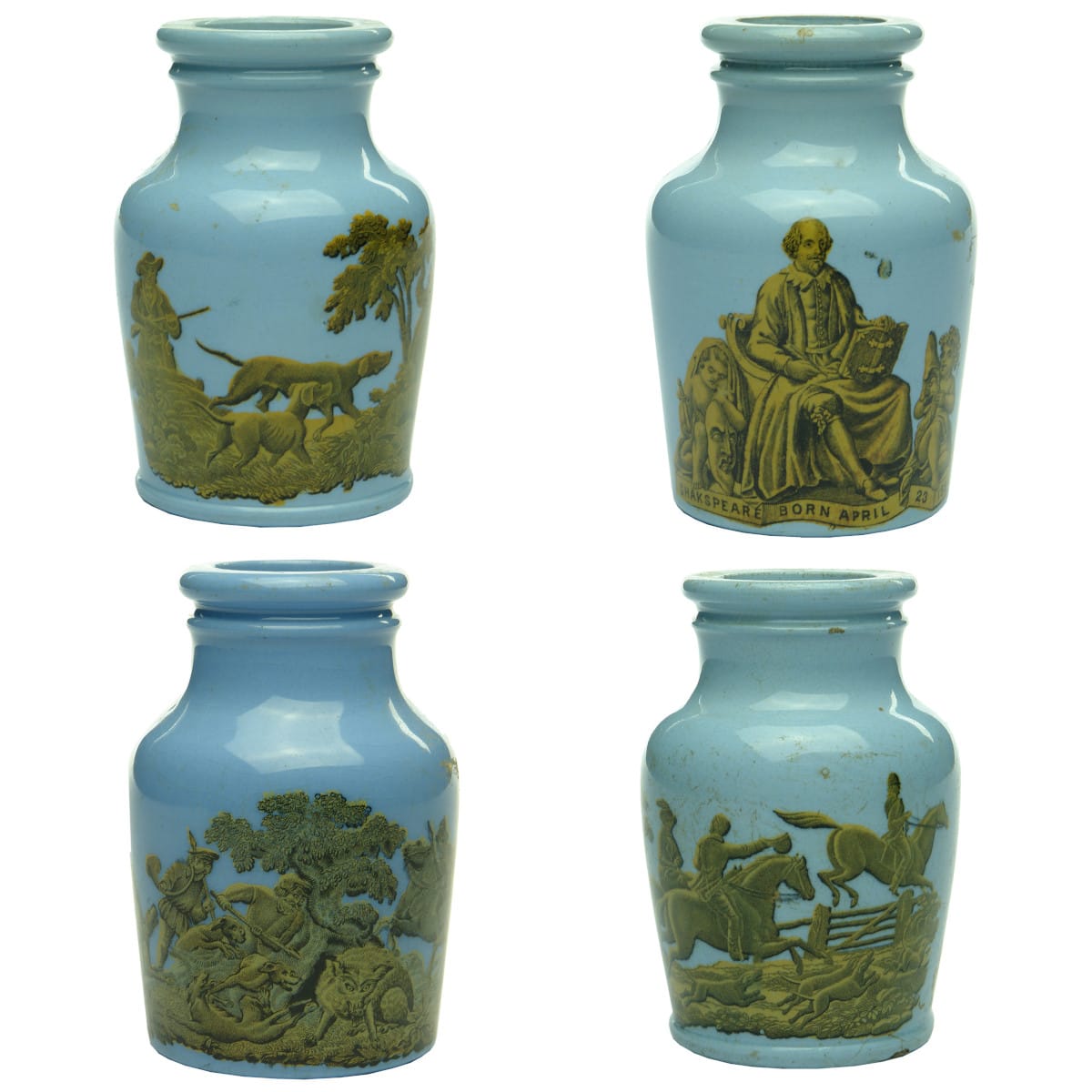 Prattware. Series of Four Blue Prattware Jars With Various Scenes.