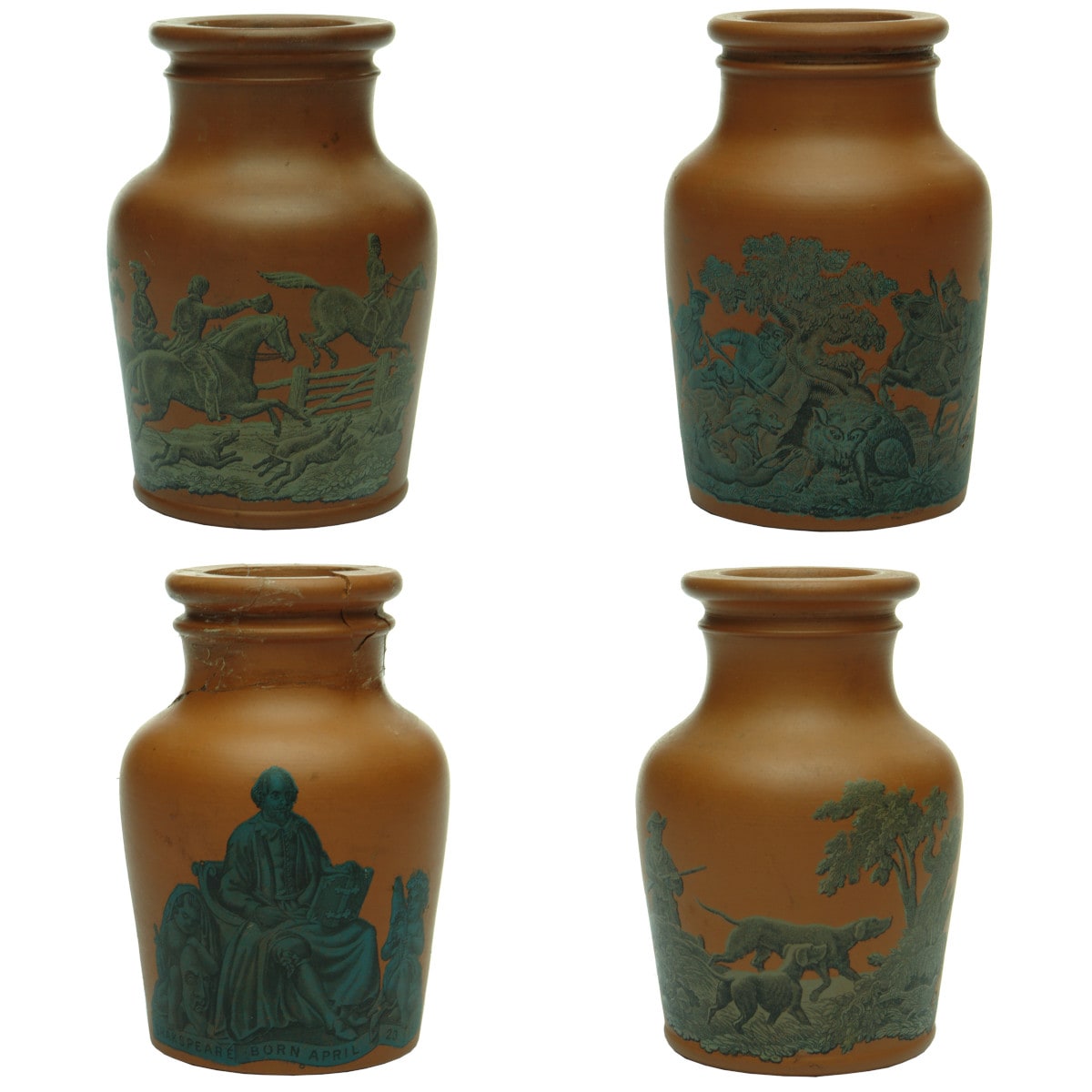 Prattware. Series of Terracotta Prattware Jars With Various Scenes.