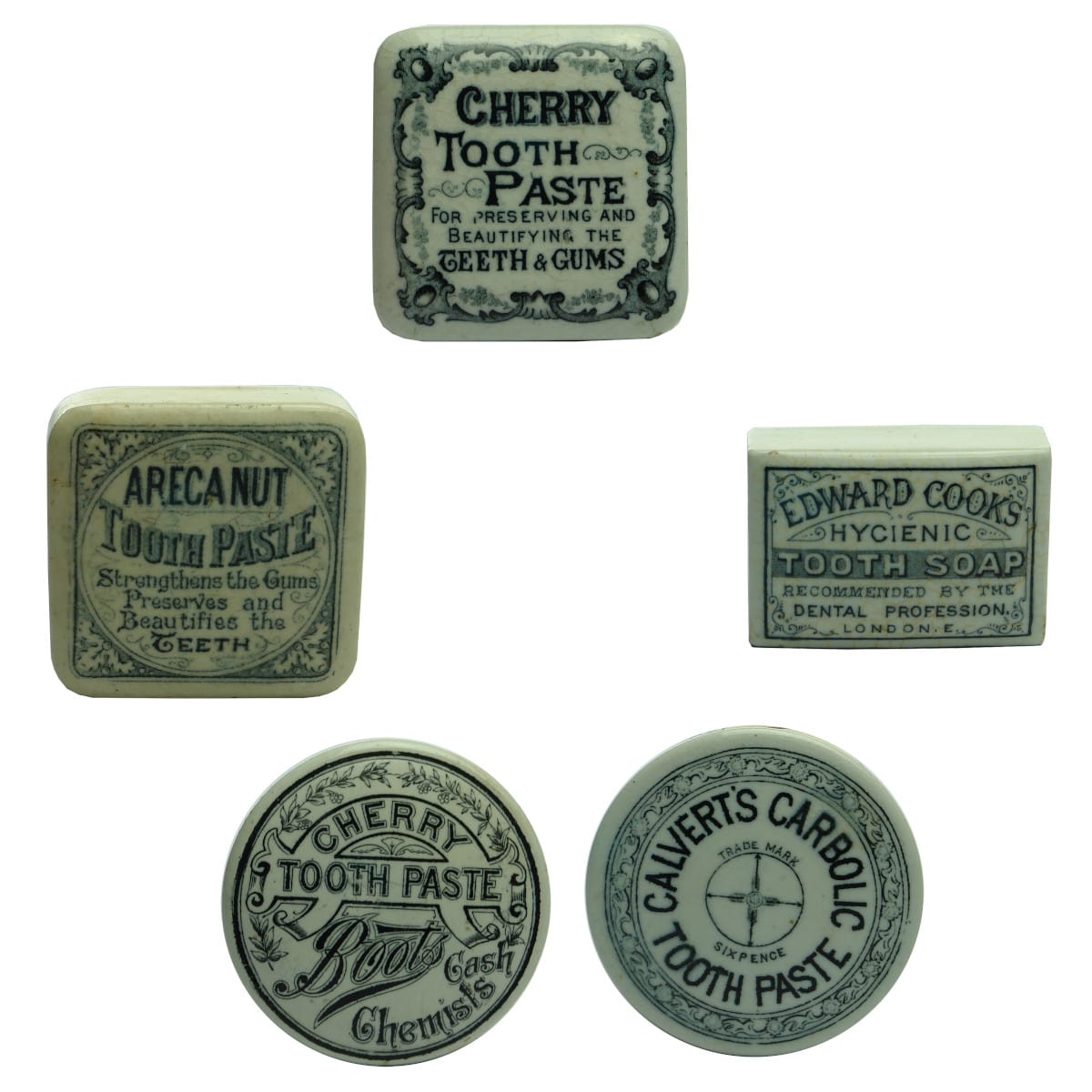 Five Tooth Paste Pot Lids: Generic Square Cherry & Areca Nut; Edward Cook's; Boots Cash Chemists; Calvert's Carbolic.