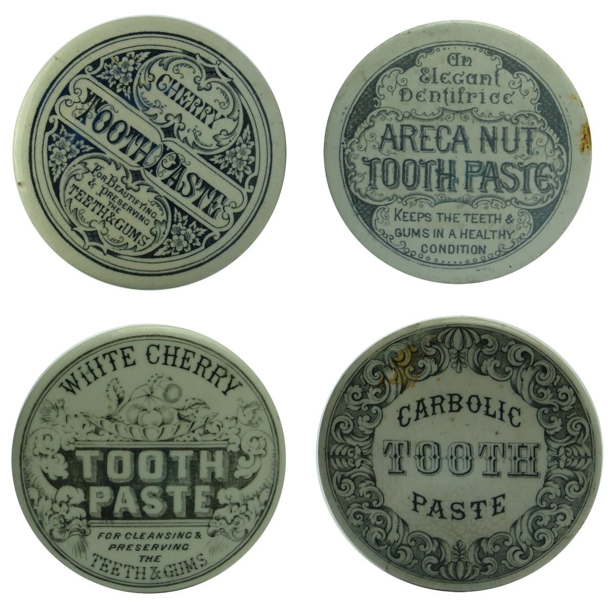 Four Generic Tooth Paste Lids. Cherry, Areca Nut, White Cherry & Carbolic. Fancy Patterns.