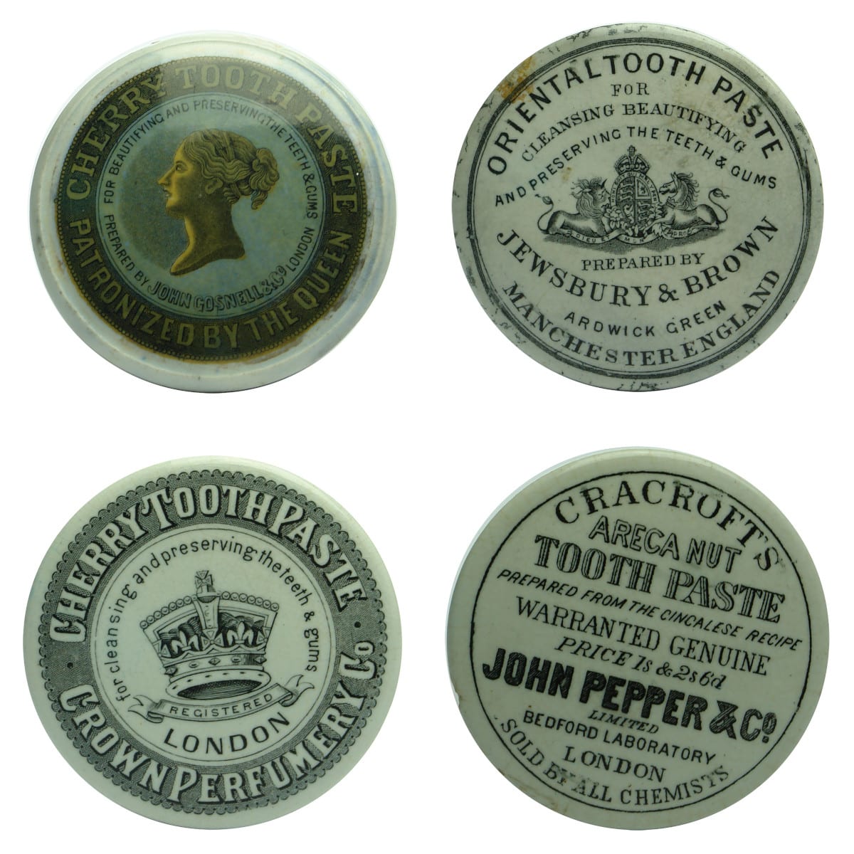 Four Tooth Paste Pot Lids: John Gosnell coloured Queens Head; Jewsbury & Brown; Crown Perfumery Co; Cracroft's John Pepper & Co.