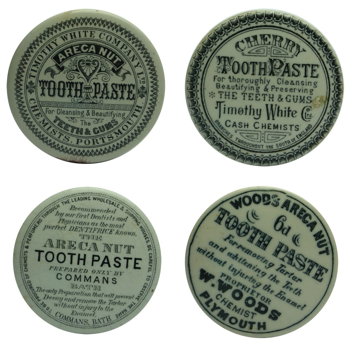 Four Tooth Paste Pot Lids: 2 x different Timothy White; Commans, Bath and Woods, Plymouth.