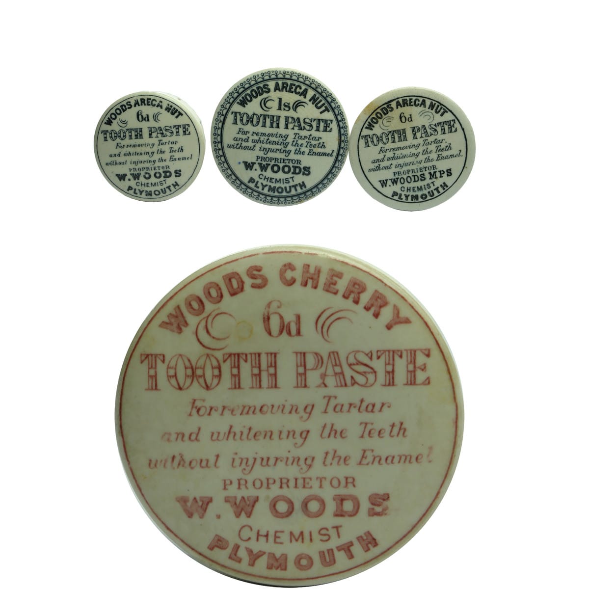 Four different W. Woods Plymouth Tooth Paste Pot Lids. One Shilling; 2 different 6d black & white; 6d red print.