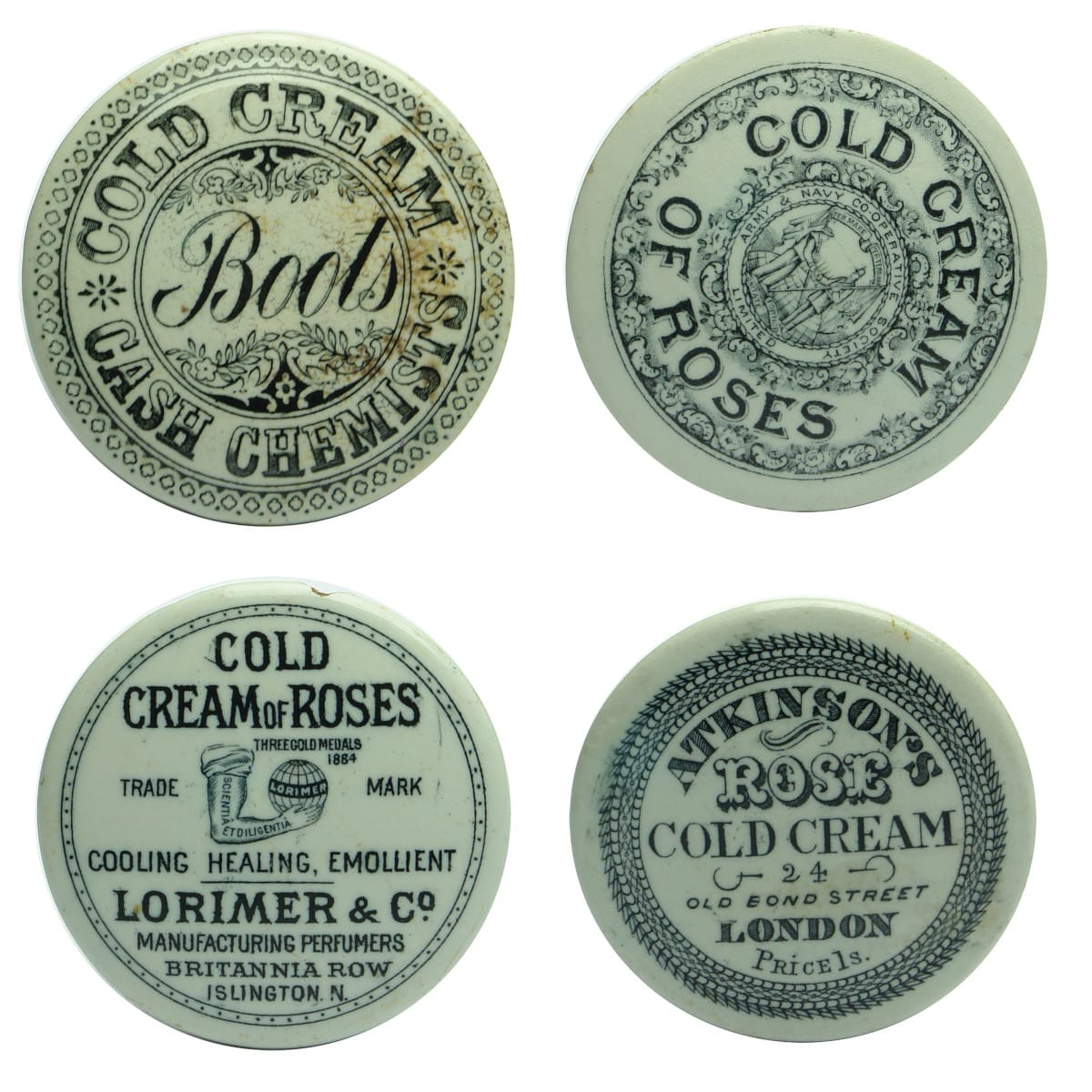 Four Cold Cream Pot Lids: Boots Cash Chemists; Army & Navy; Lorimer & Co; Atkinson's.