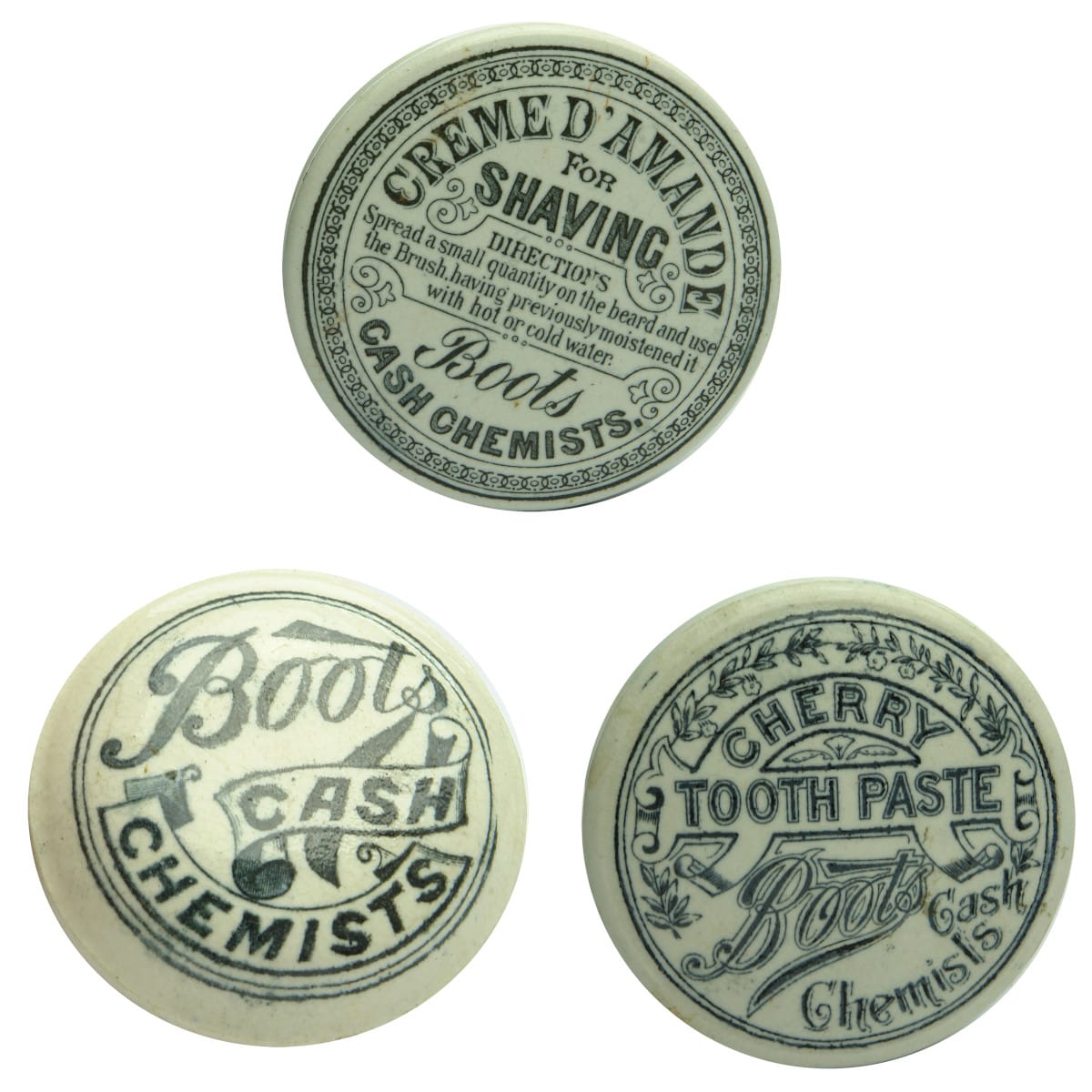 3 Boots Cash Chemists Pot Lids: Shaving Cream; Pot Cap; Cherry Tooth Paste.