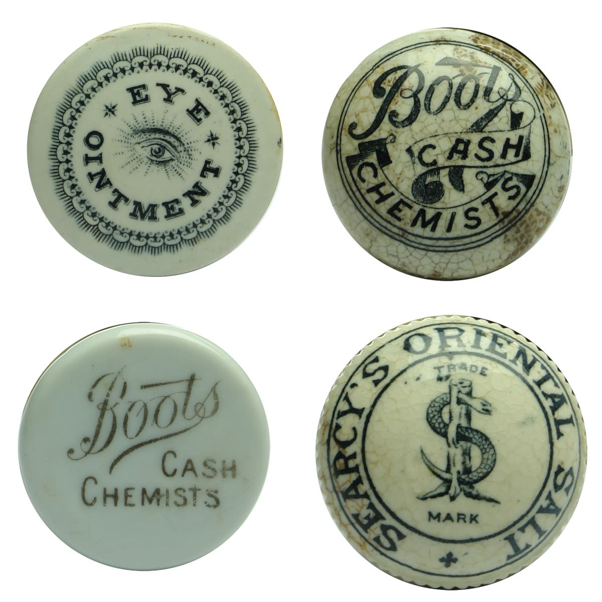 Four small Lids and Pot Caps: Eye Ointment; Boots cap and procelain overglaze lid; Searcy's Oriental Salt.