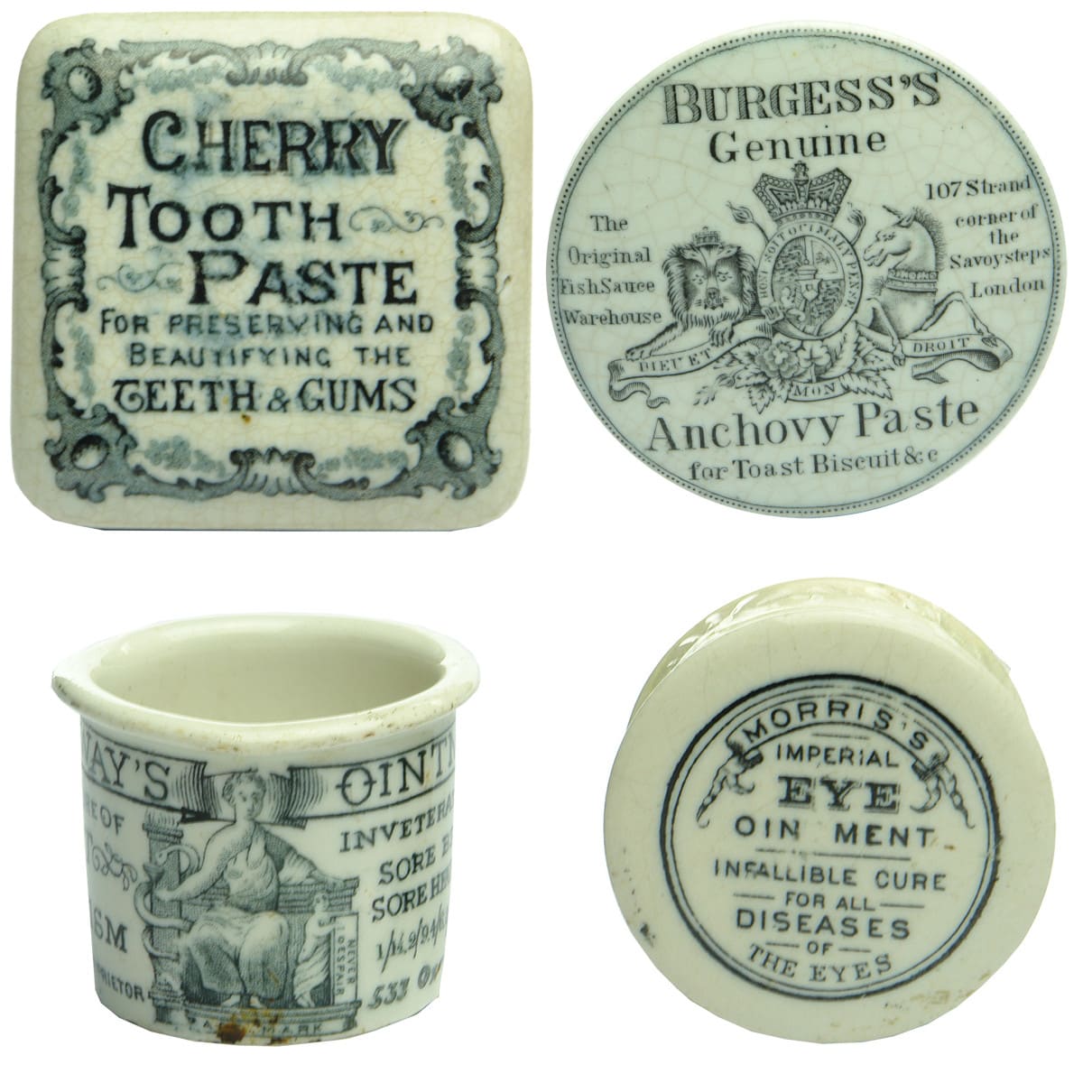 Four items. 3 Pot Lids and 1 Ointment Pot. Cherry Tooth Paste; Burgess's Anchovy Paste; Holloway's; Morris's.