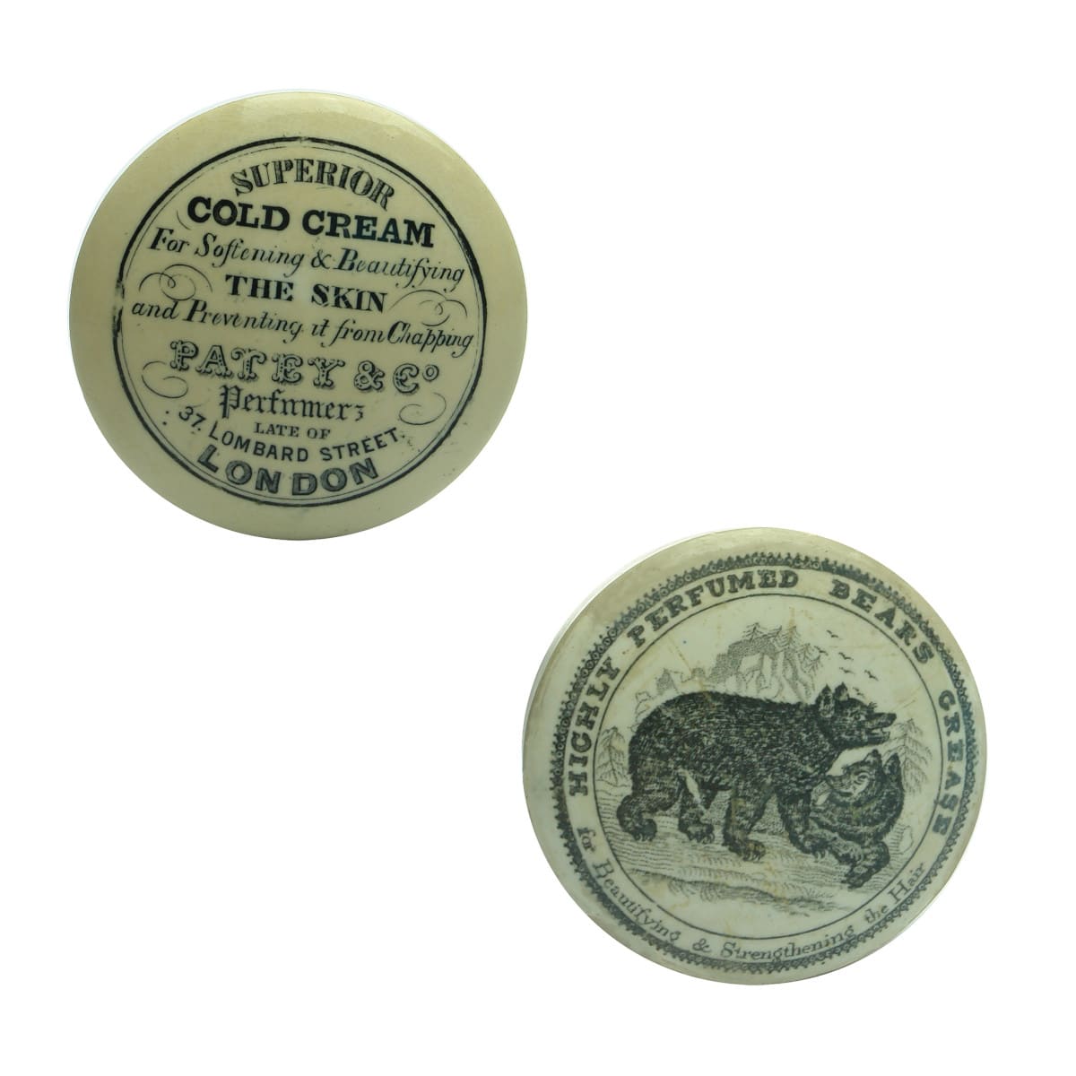 Pair of Pot Lids: Patey & Co., Superior Cold Cream and Highly Perfumed Bears Grease.