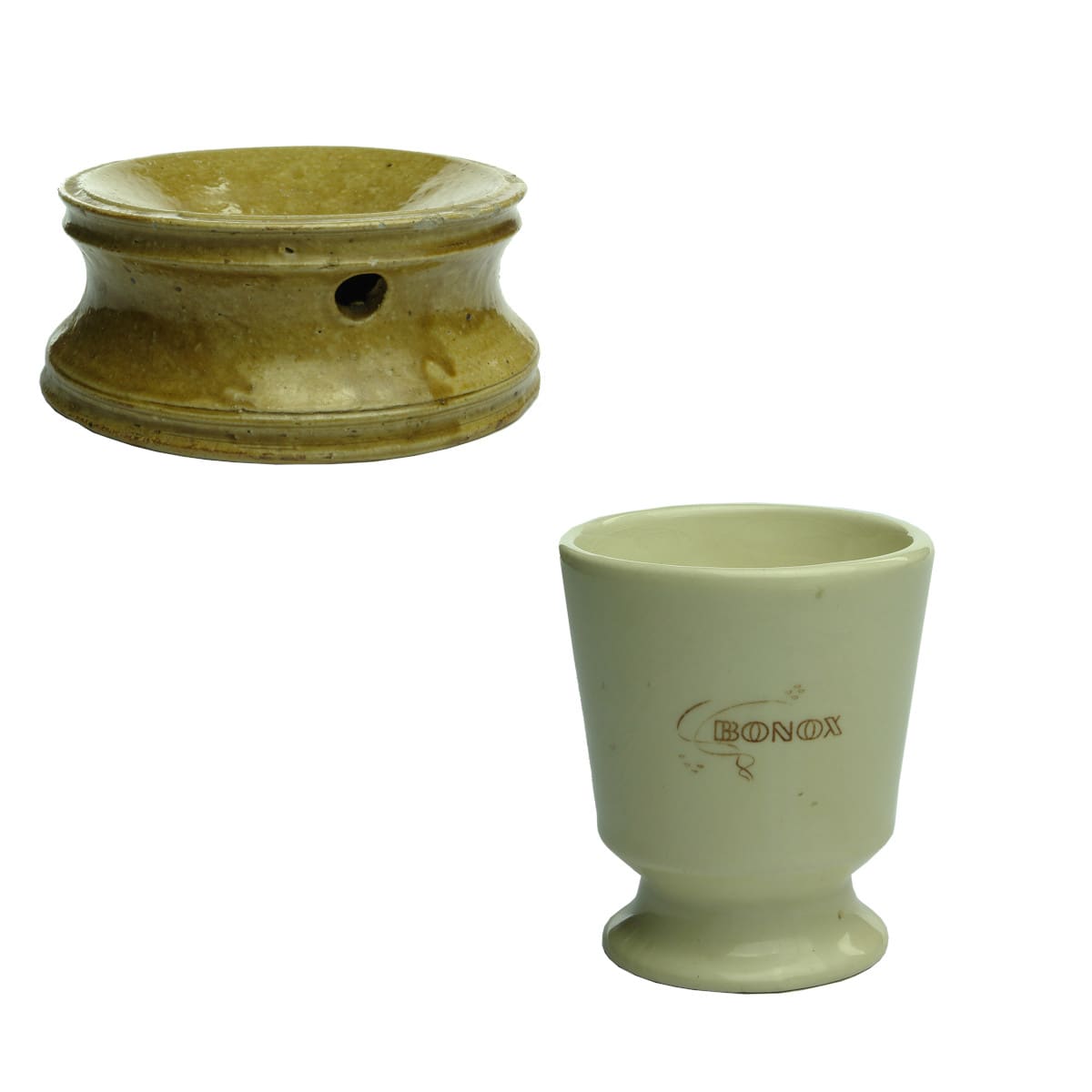 2 Pottery items: Unmarked tan spittoon and Wembley Ware Bonox mug.