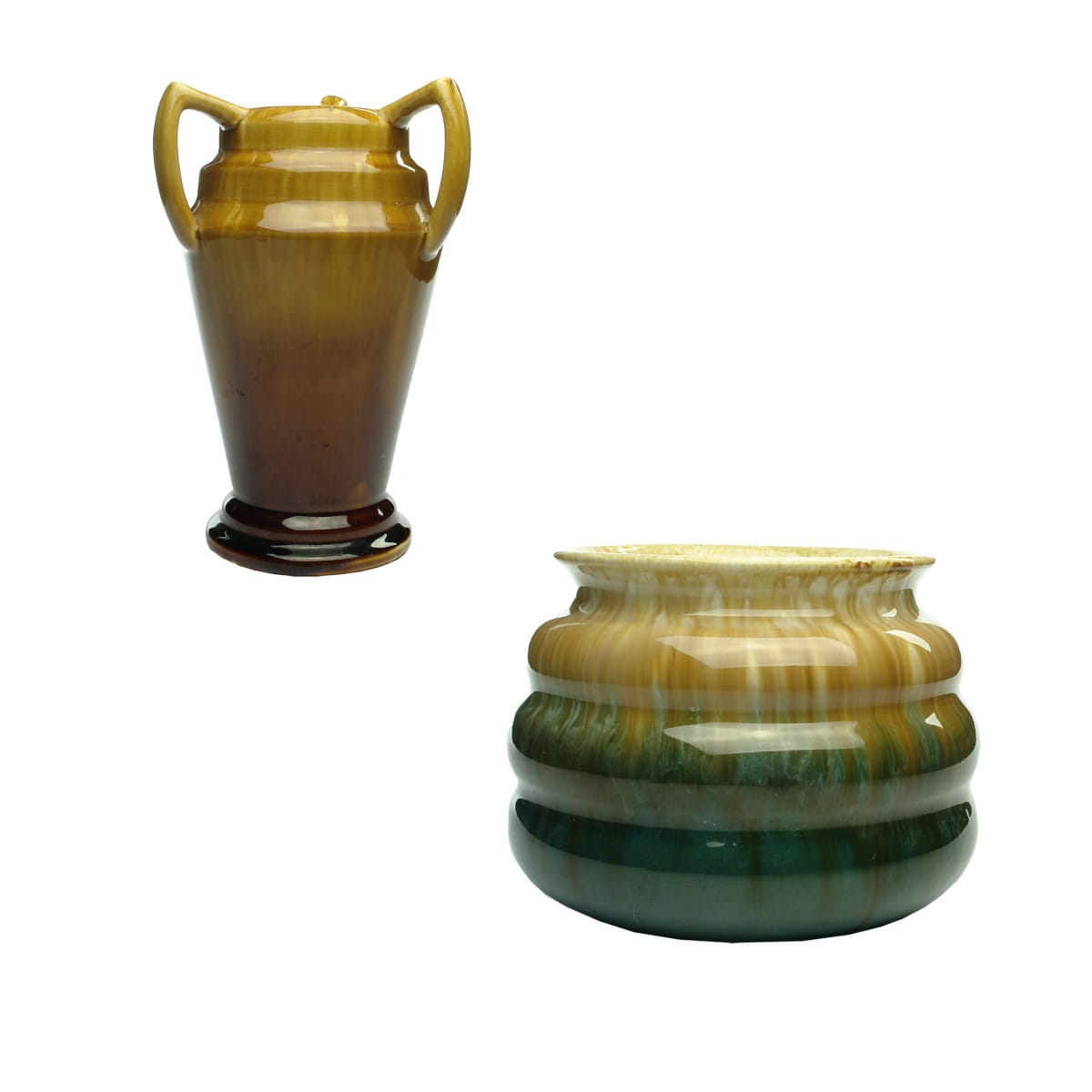 Two pottery Regal Mashman Vases. Fancy handled vase. Brown tones. Regal Mashman and White, Brown, Green & Blue. Regal Art Ware, Mashman Bros, Sydney. (New South Wales)