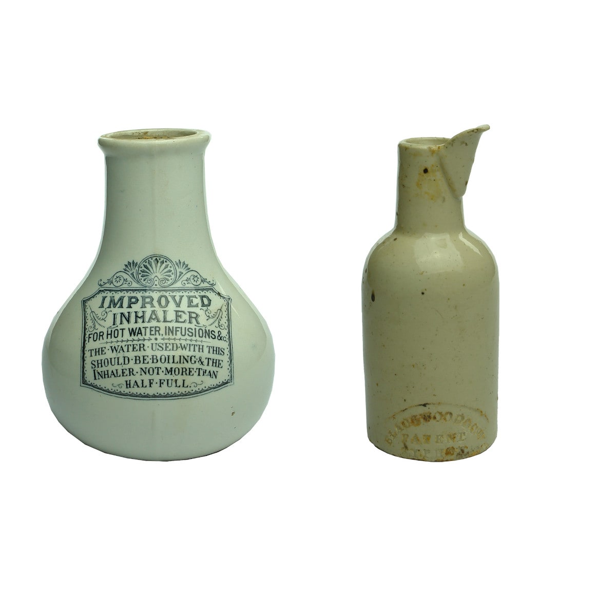 2 pottery items: Butler & Crispe London Inhaler and Blackwood & Cos Patent Syphon Ink.