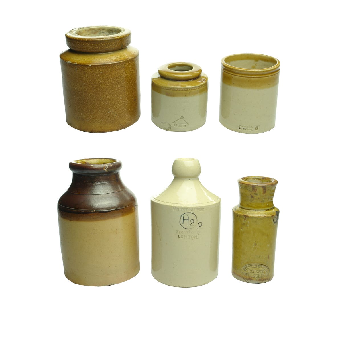 6 Stoneware Jars: Salt Glaze; Crosse & Blackwell; Powell; Two tone; Bennett & Jenner; Stephen Green.