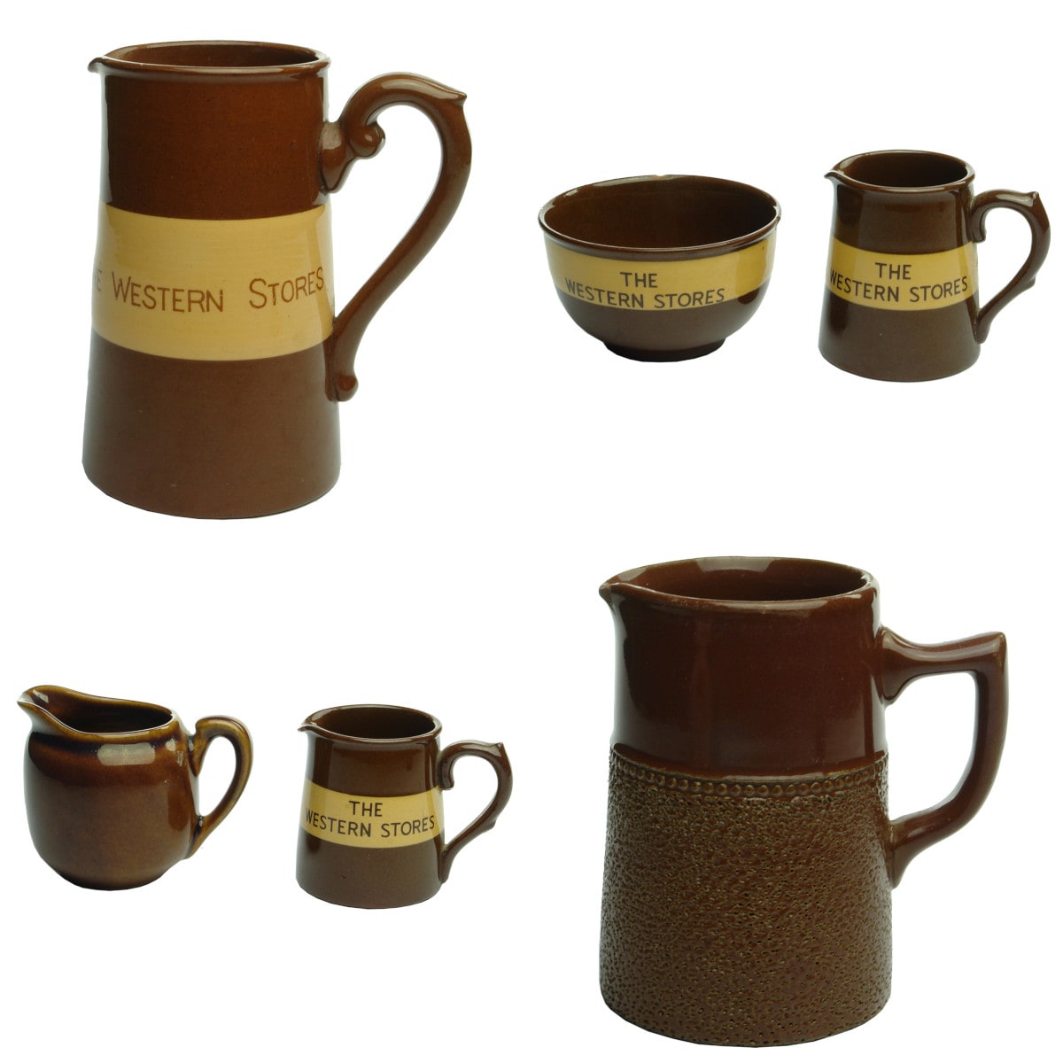 Six pieces of Brown pottery. 4 x pieces from The Western Stores; Plain Langley ware jug; small brown cream jug.