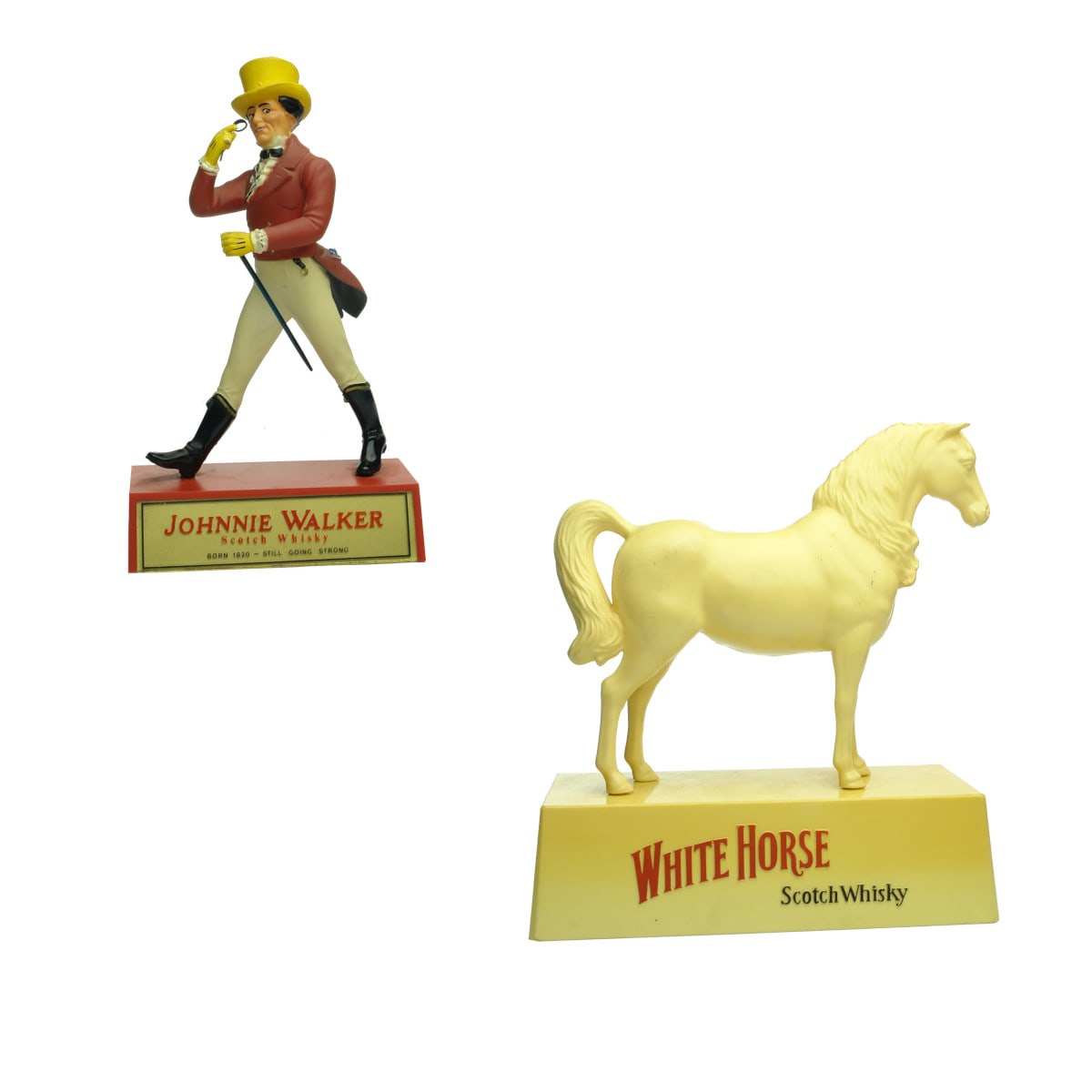 2 Plastic Advertising Display Statues. Johnnie Walker Scotch Whisky and White Horse Scotch Whisky.