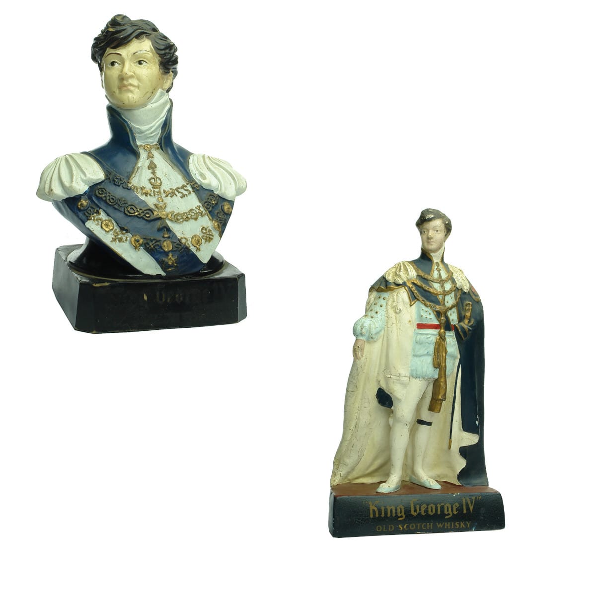 2 Statuettes: Whisky. King George IV Old Scotch Whisky Rubberoid Statues. King's Bust & Standing King.