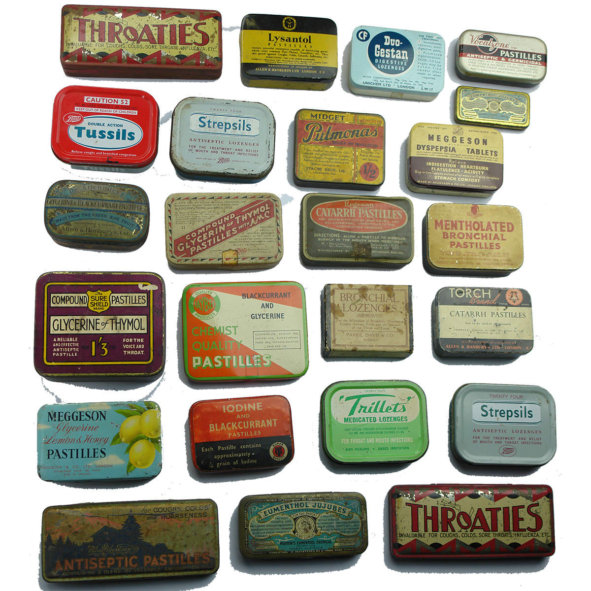 24 Medical type tins: Lozenges; Pastilles; Cough Drops and more. English and Australian brands and at least one Kiwi one.