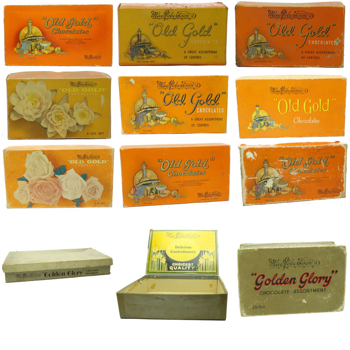 12 MacRobertson's Cardboard boxes: Old Gold Chocolates; Golden Glory Chocolates; Confectionery. (Melbourne, Victoria)