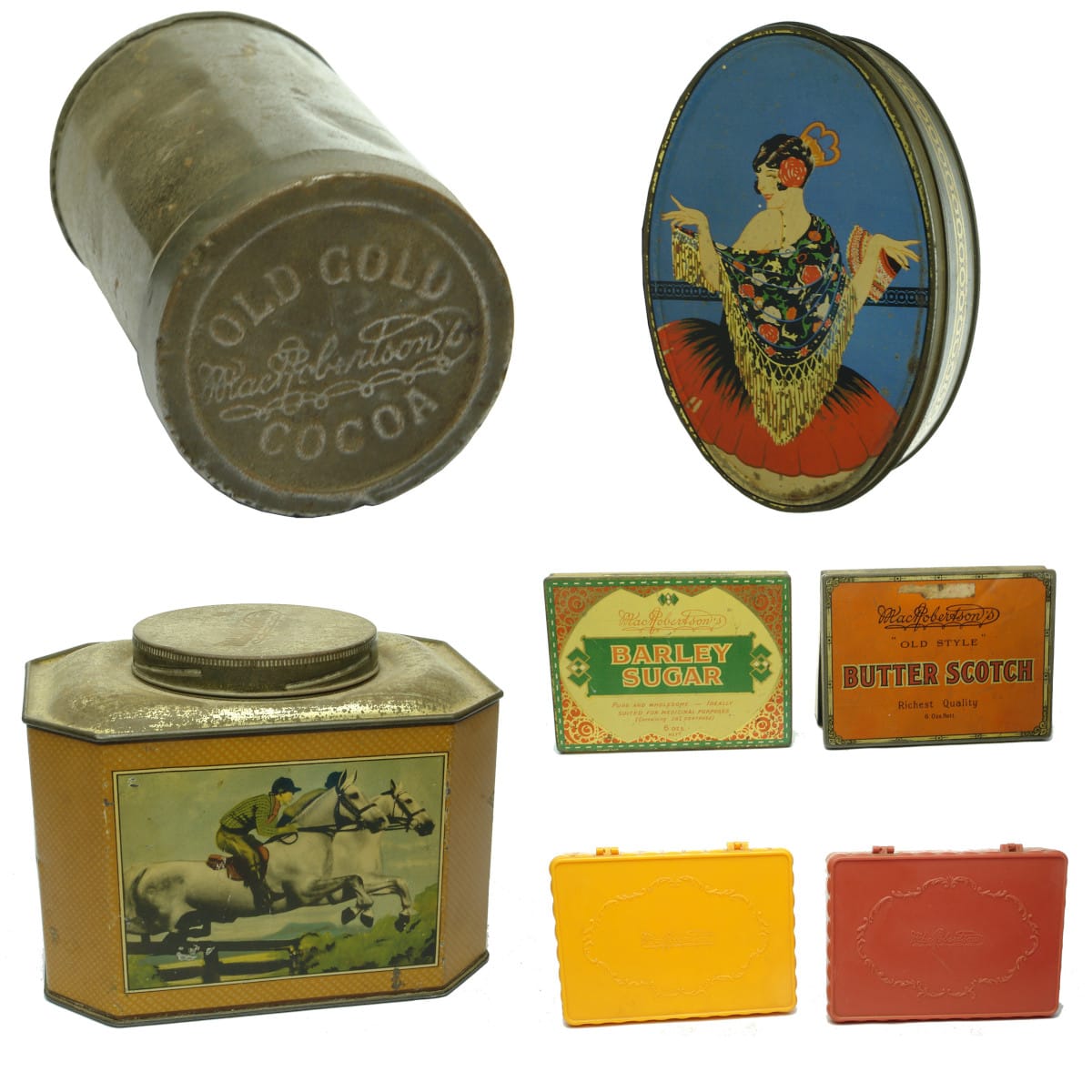 7 MacRobertson's Tins/Containers: Old Gold Cocoa; Gitana Tip Top Toffee; Showjumping; Plastic Boxes; Barley Sugar; Butterscotch. (Melbourne, Victoria)