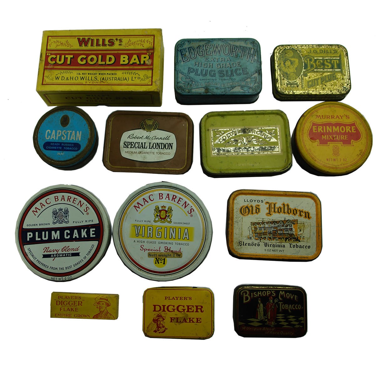 13 Tobacco Tins and Cardboard boxes. Wills; Bishops Move; Players; Edgeworth; Dill's; MacBaren's; Capstan; etc.