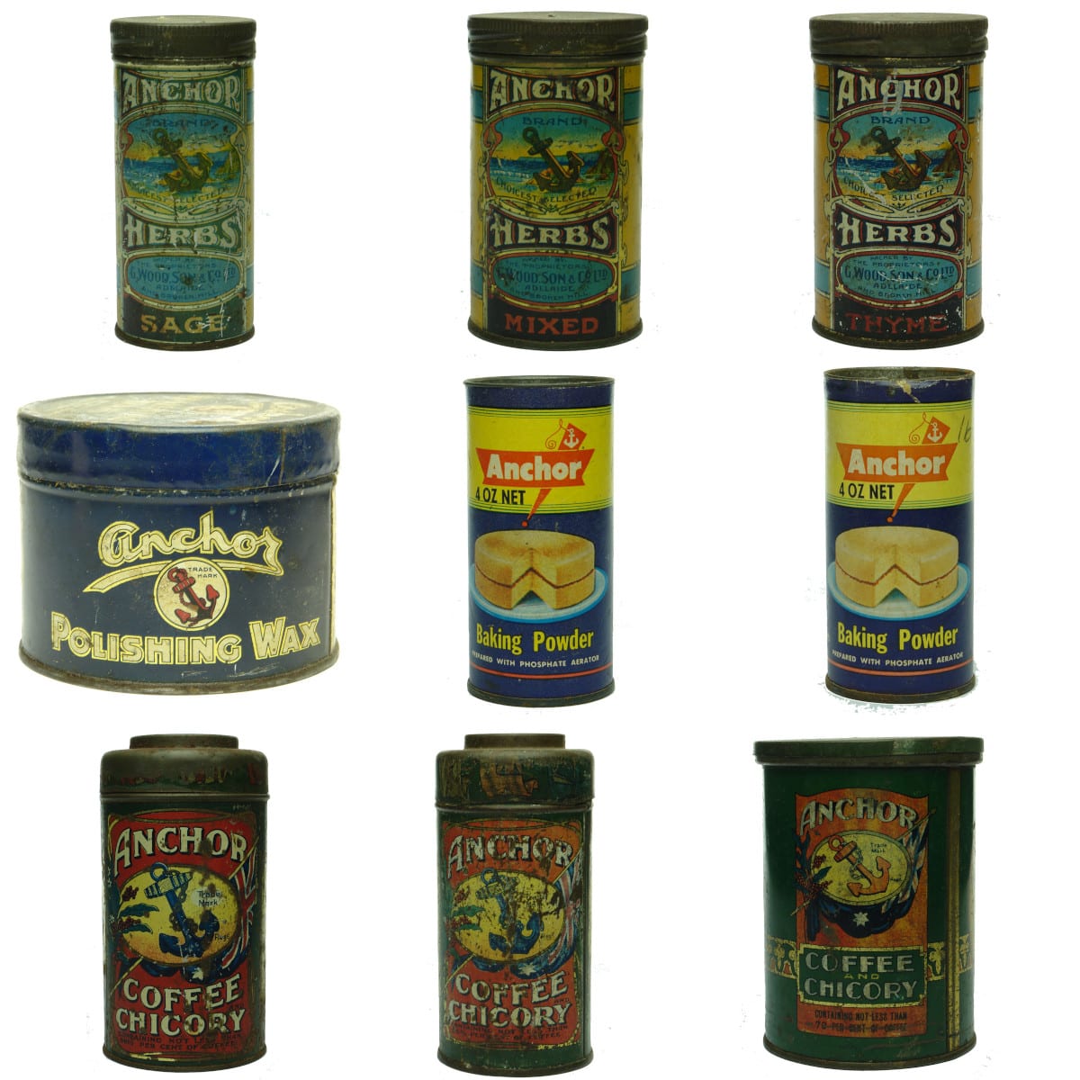 9 Tins. All Wood, Anchor Products. Adelaide, Port Adelaide, Broken Hill, Fremantle, Perth, Kalgoorlie & Menindie depending on the exact tin! (South Australia, New South Wales, Western Australia)