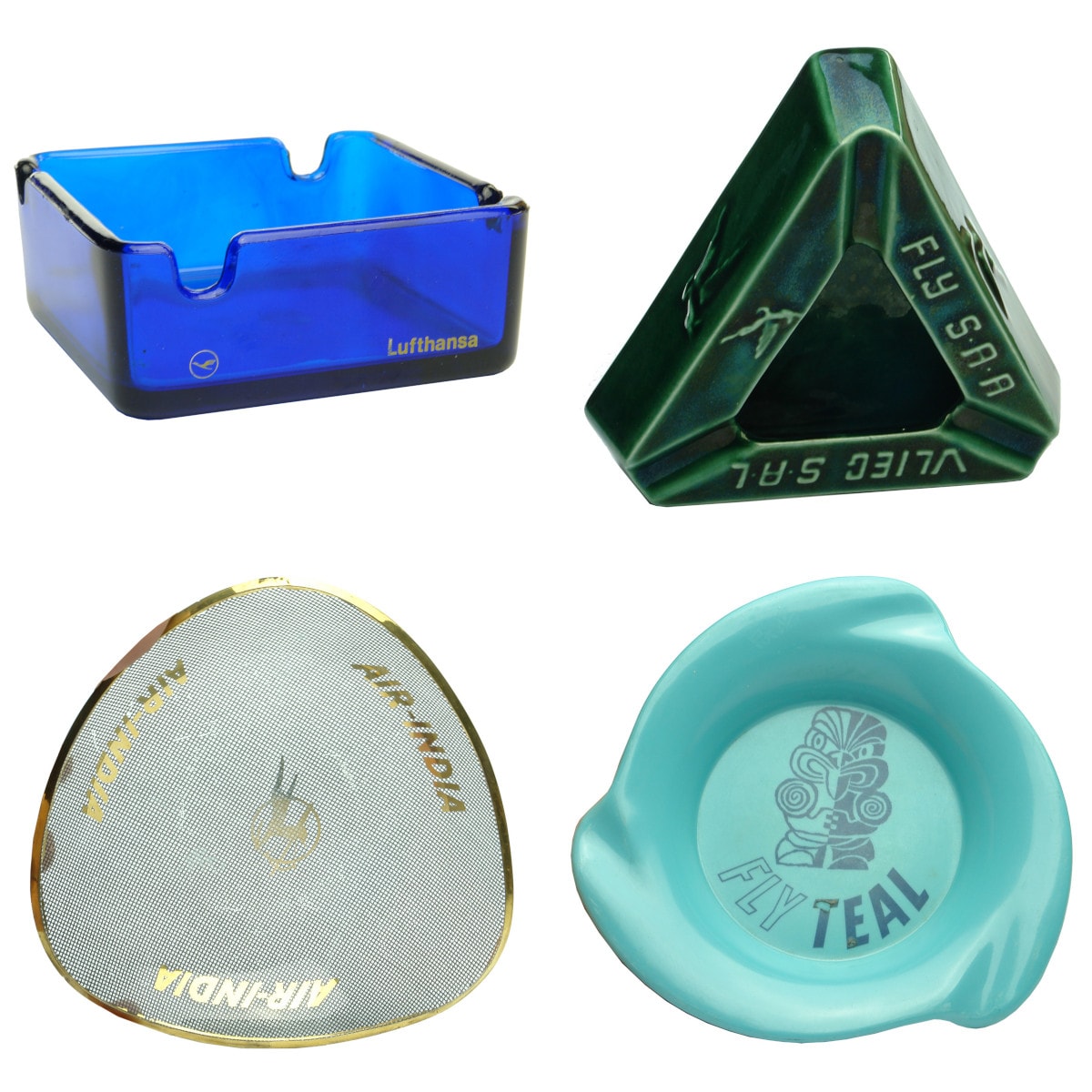 Four Ashtrays advertising Airlines: Lufthansa; South African; Air India; Teal (Air New Zealand).