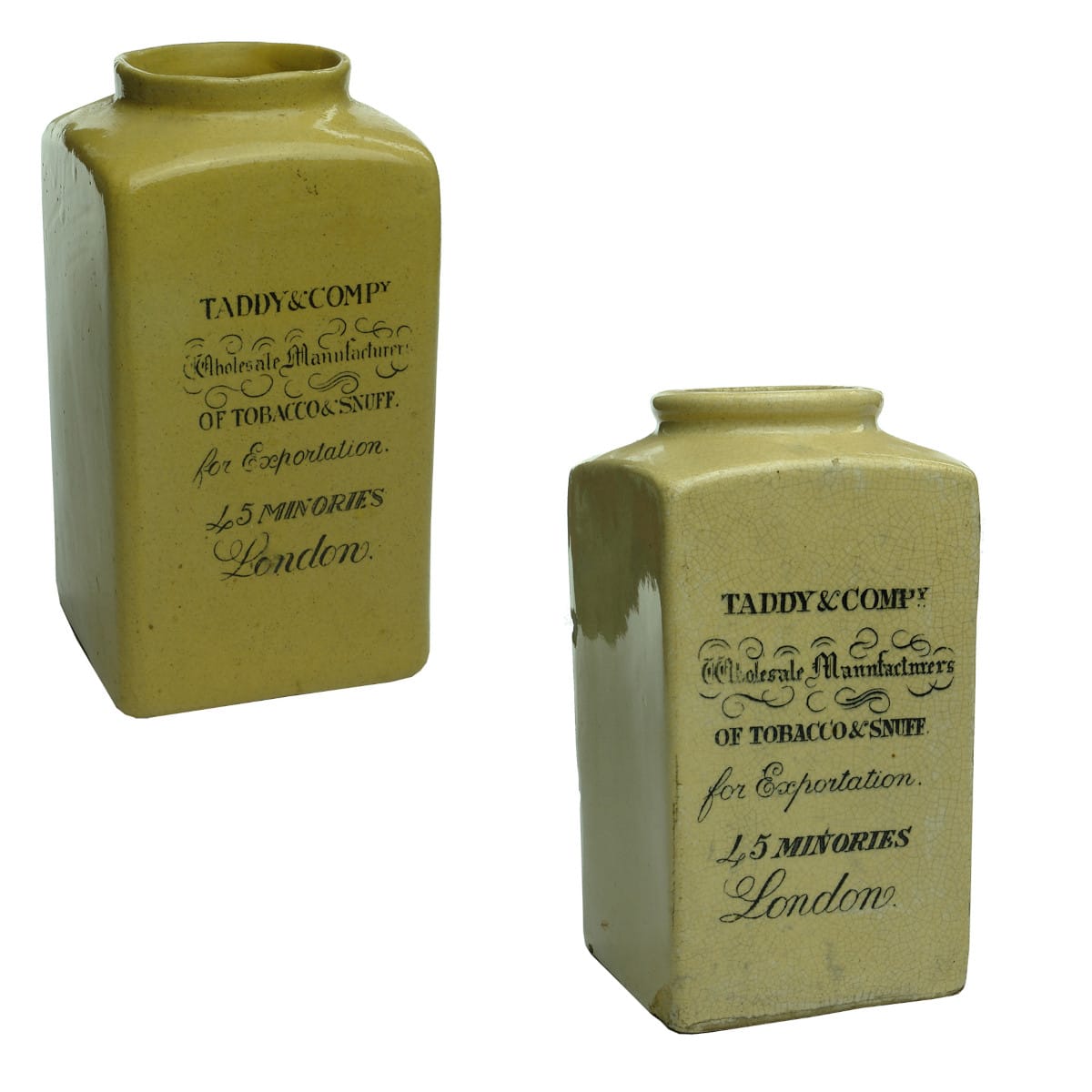 Tobacciana. 2 x Taddy & Compy Tobacco & Snuff, London. Square ceramic jars. Large. (United Kingdom)