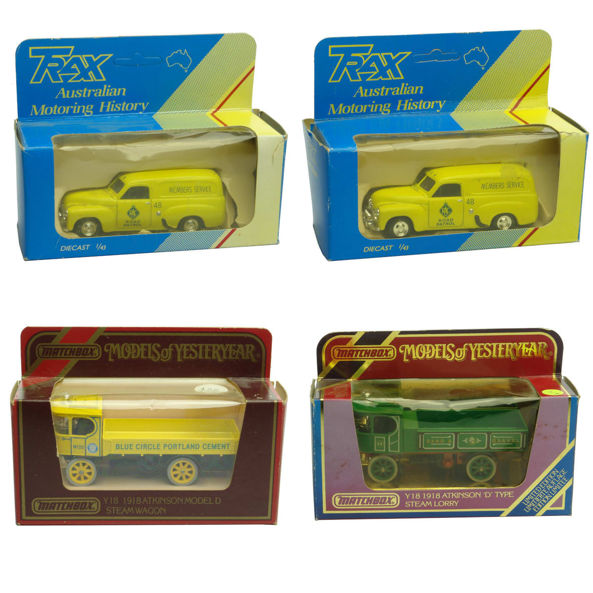 4 Model Cars: 2 x TRAX FJ Holden Van RACV Road Service; Matchbox Blue Circle Cement; Matchbox Sand Gravel, Atkinson D Type Steam Lorry.