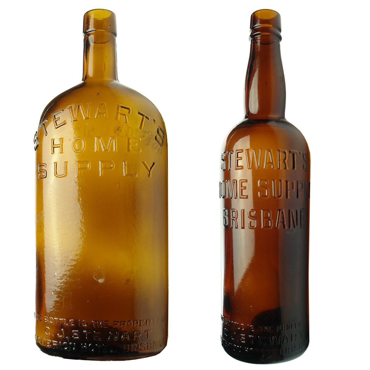 Pair of Stewart's Home Supply, Criterion Hotel, Brisbane Bottles. Quart and 26 oz. Amber. (Queensland)