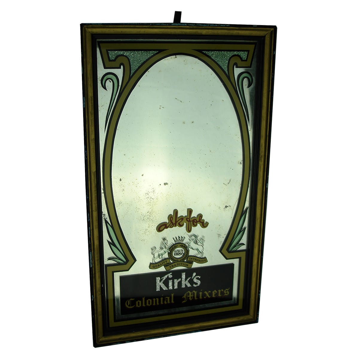 Advertising Mirror. Ask For Kirk's Colonial Mixers. Since 1850. Coat of Arms. (Brisbane, Queensland)