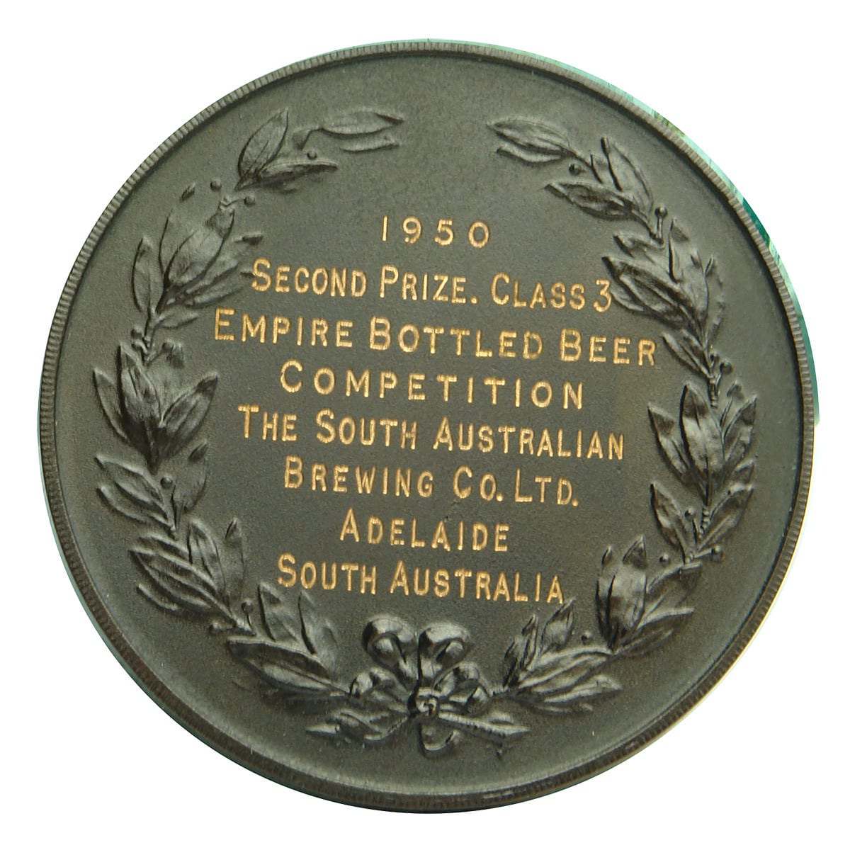 Medal. Brewers & Allied Traders International Exhibition & Market, 1950, Second Prize, Class 3, Empire Bottled Beer Competition, The South Australian Brewing Co. Ltd., Adelaide. (South Australia)