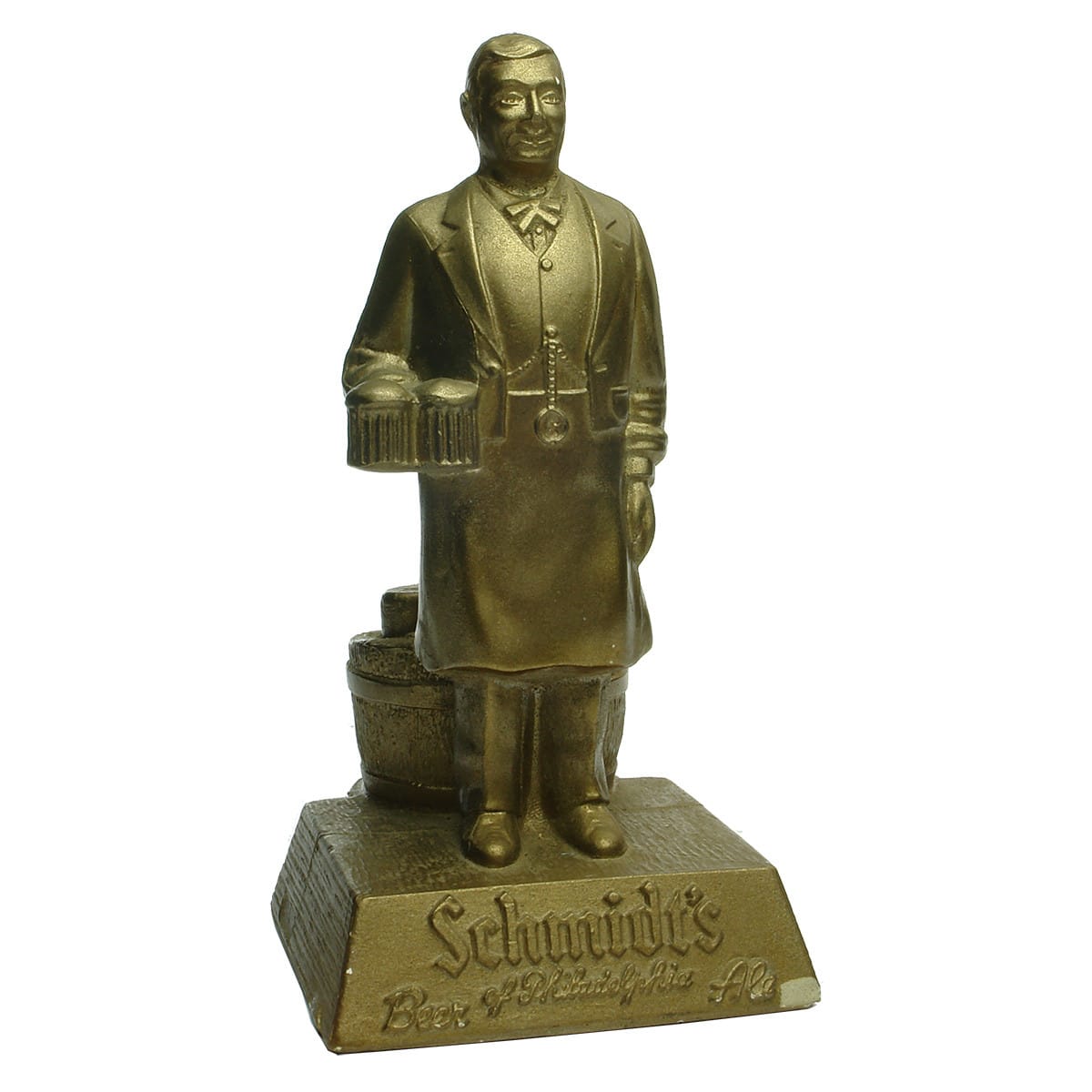 Advertising Statue. Schmidt's of Philadelphia Beer & Ale. Man Holding two mugs. Half Barrel with ice and bottles upside down in it.