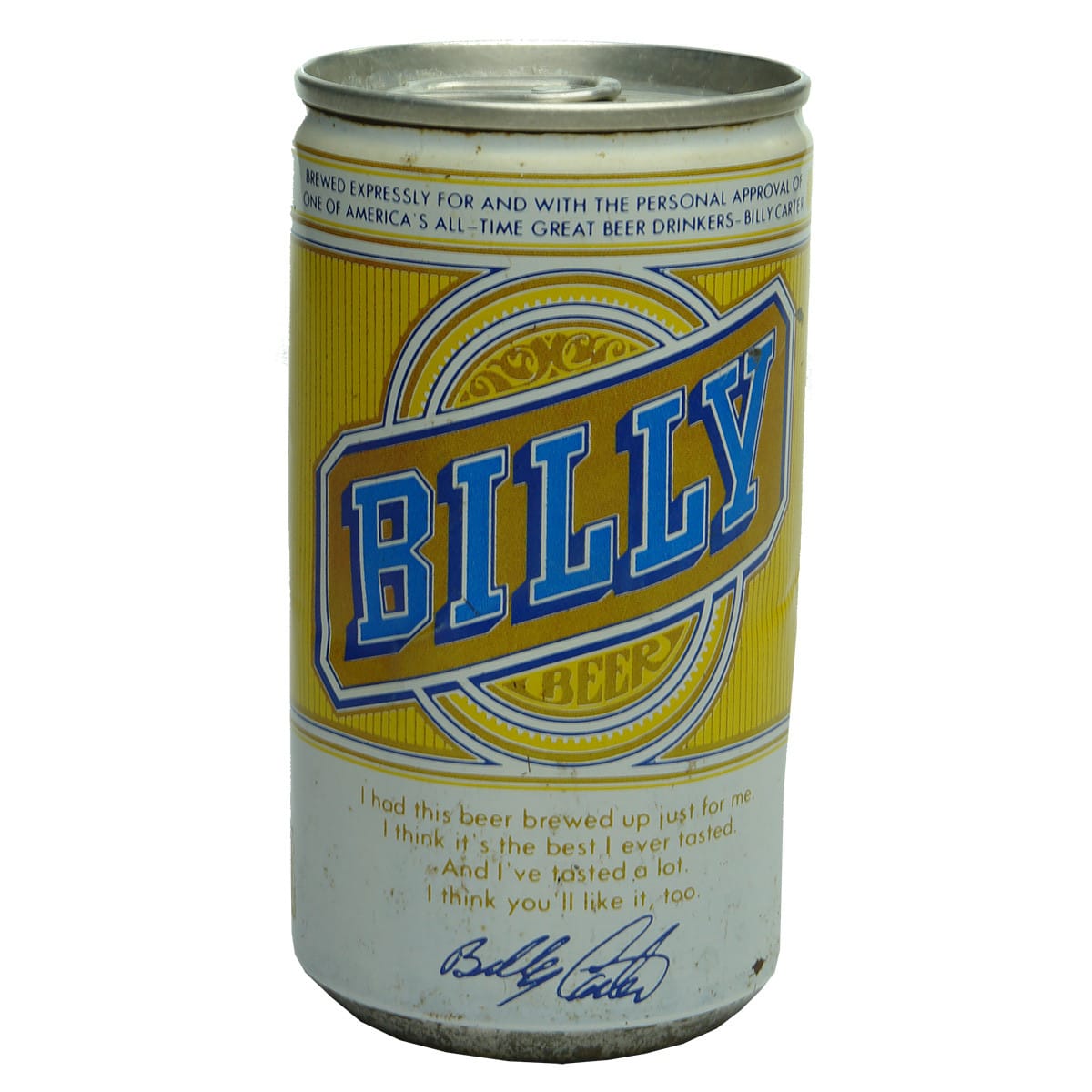 Can. Billy Beer, Brewed For Billy Carter, signed by Bill Carter as well. Falls City Brewing Company, Louisville, Kentucky. 12 oz. (United States)