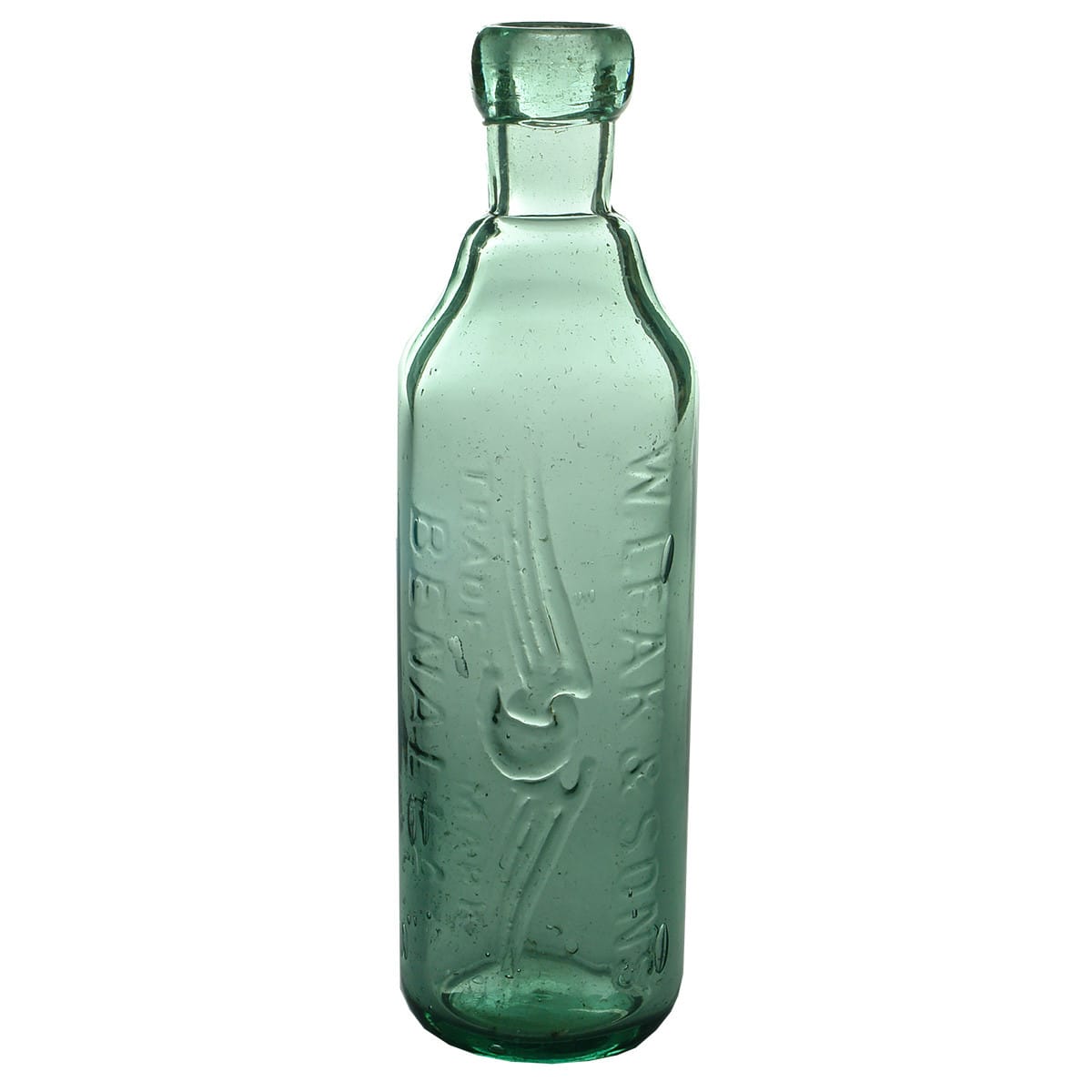 Patent Stick Bottle. W. Leak & Sons, Benalla. Aqua. 10 oz. (Victoria)