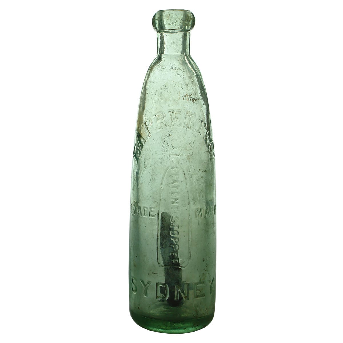 Stick Bottle Patent. Barrett & Co., Sydney. Kilner Bros base mark. Aqua. 10 oz. (New South Wales)