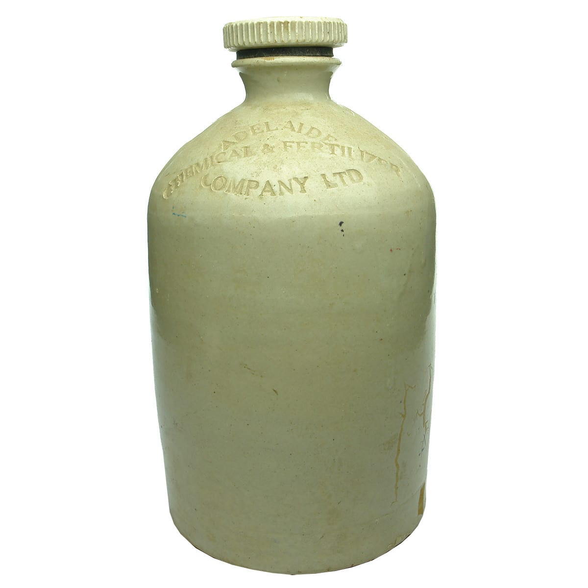 Demijohn. Adelaide Chemical & Fertilizer Company Ltd. Impressed. All White. 1 Gallon. (South Australia)