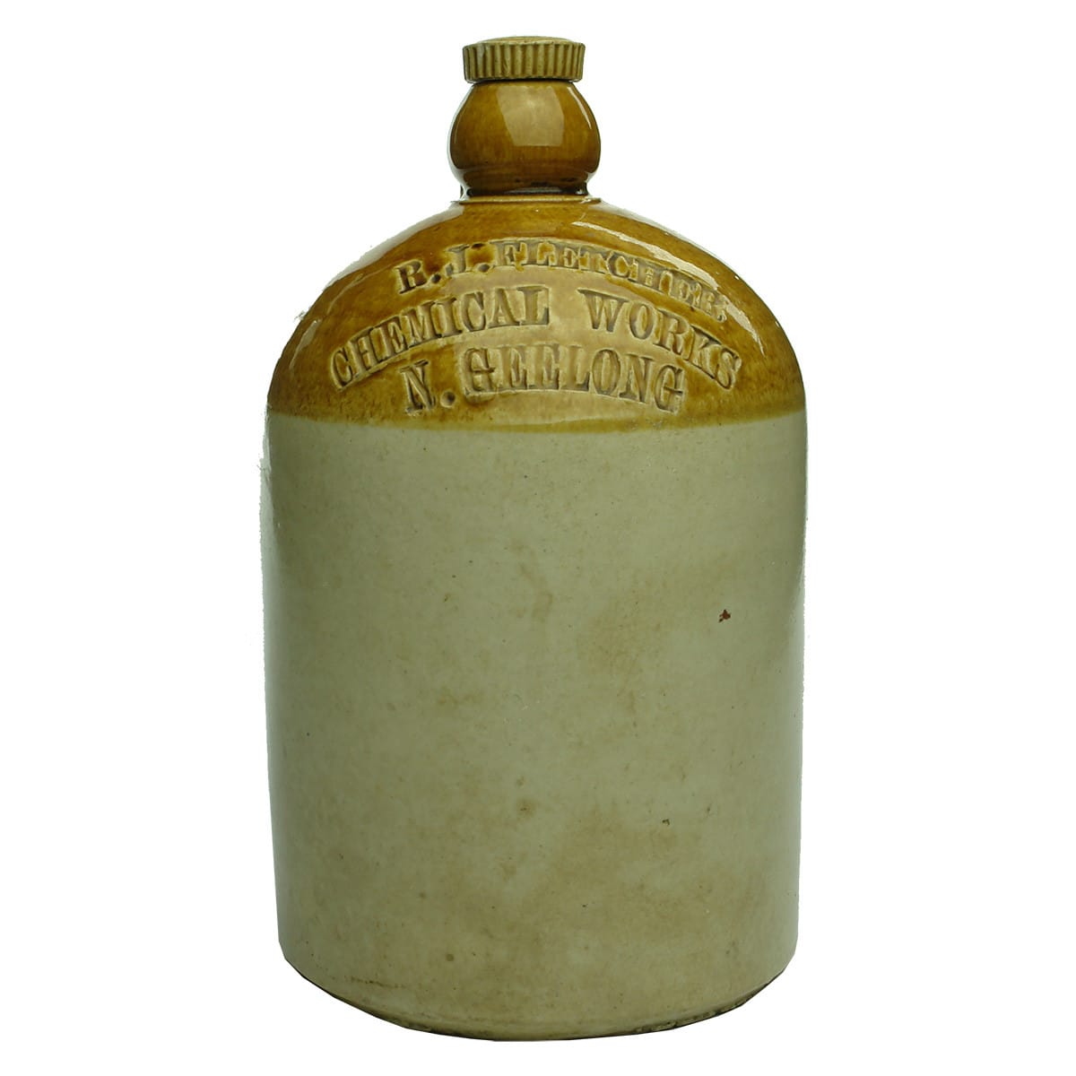 Demijohn. R. J. Fletcher, Chemical Works, N. Geelong. Internal Thread. Half Gallon. With stopper. (Victoria)