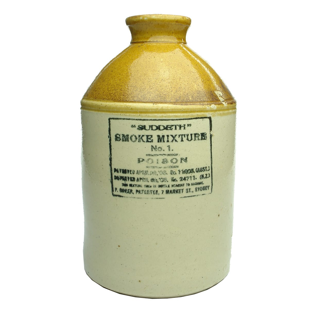 Demijohn. Suddeth. Smoke Mixture No 1. F. Greer, Patentee, Market St., Sydney. (New South Wales)