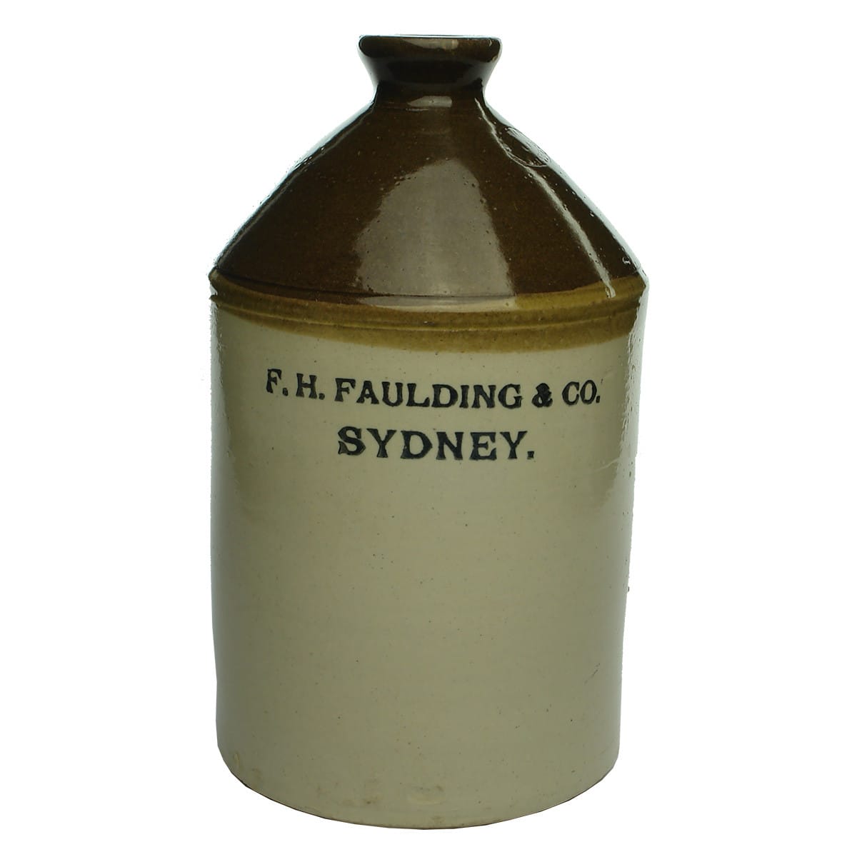 Demijohn. F. H. Faulding & Co., Sydney. R. Fowler 1917. Chocolate top. Gallon. (New South Wales)