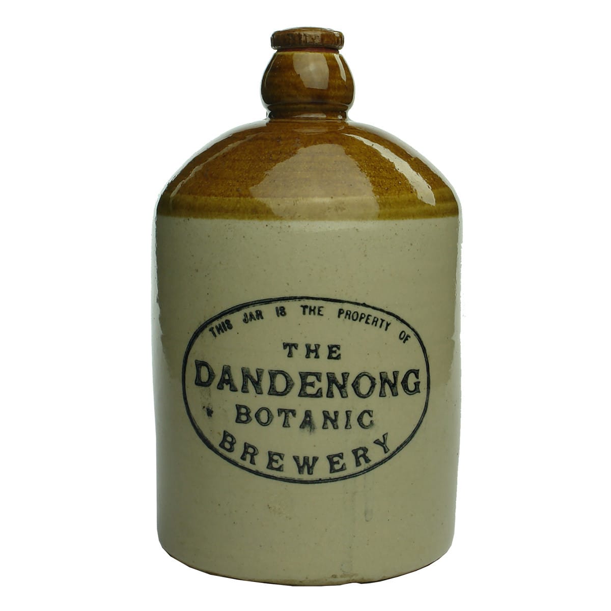 Demijohn. The Dandenong Botanic Brewery. Bendigo Pottery. Internal Thread. Half Gallon. (Victoria)