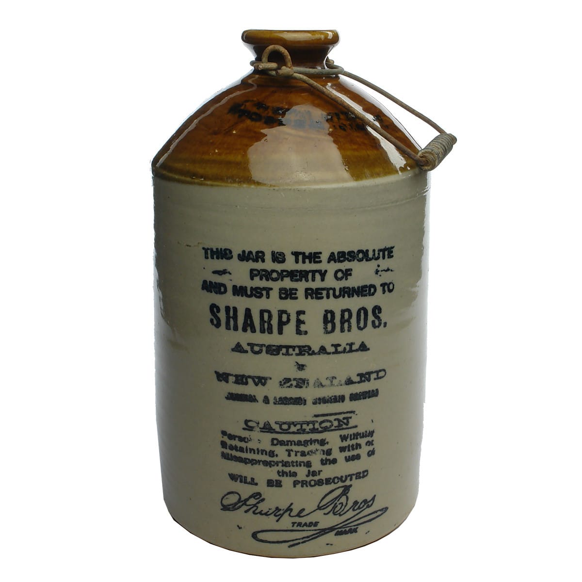 Demijohn. Sharpe Bros Australia & New Zealand. Signature. Bendigo Pottery. Internal Thread.