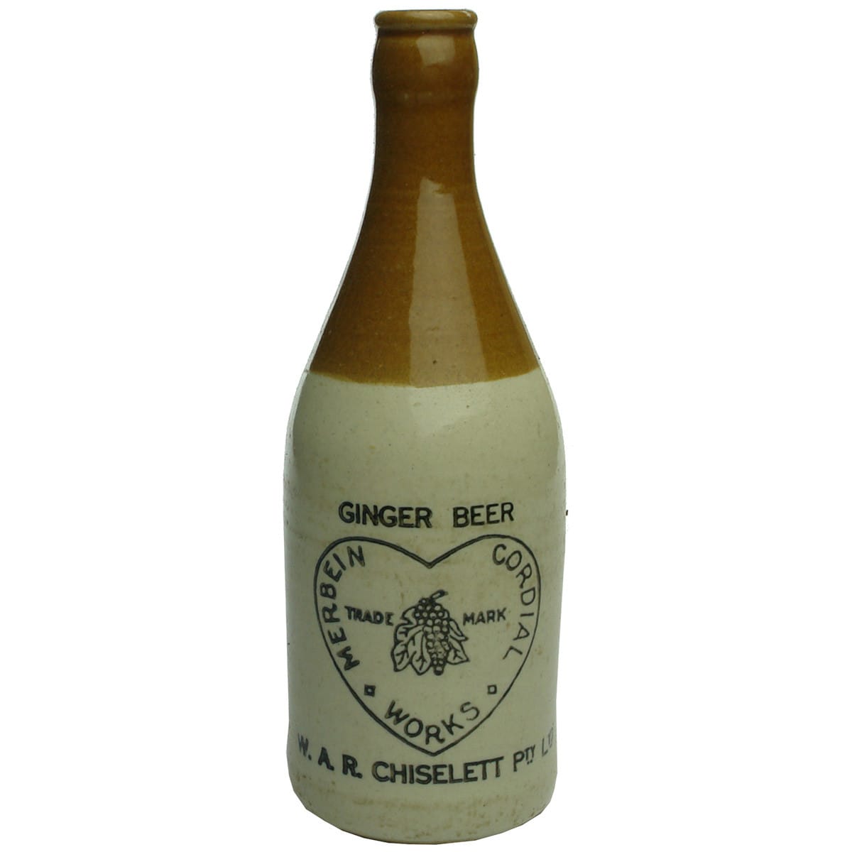 Ginger Beer. Chiselett, Merbein Cordial Works. Crown Seal. Fowler Pottery. Tan Top. (Victoria)