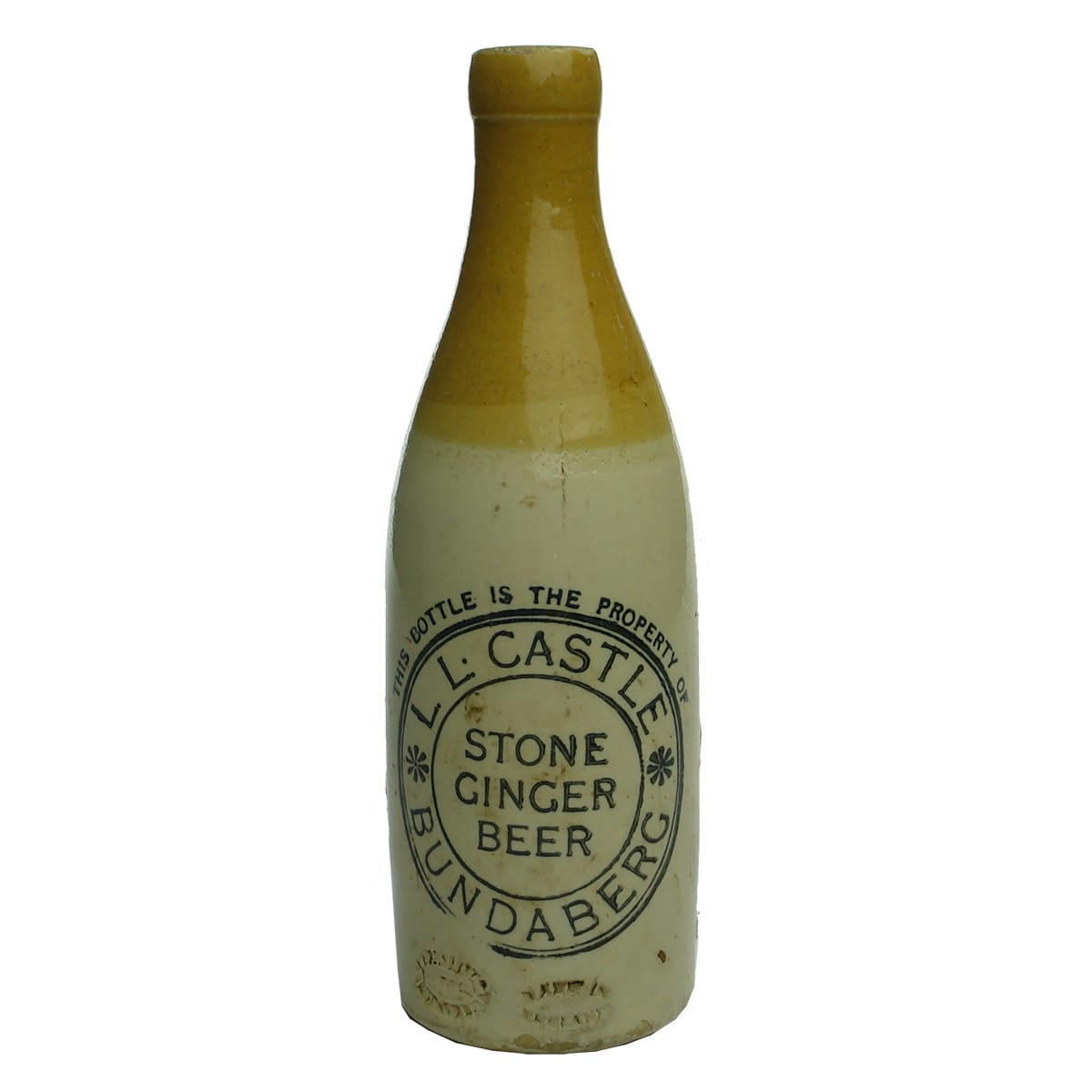 Ginger Beer. L. L. Castle, Bundaberg. Pearson pottery. Tan top. No lip! (Queensland)