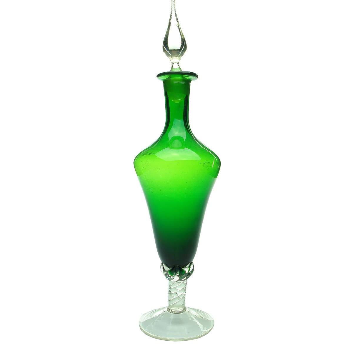 Early Glass.  Green Decanter with Clear Twisted Stem and Foot and long clear stopper.