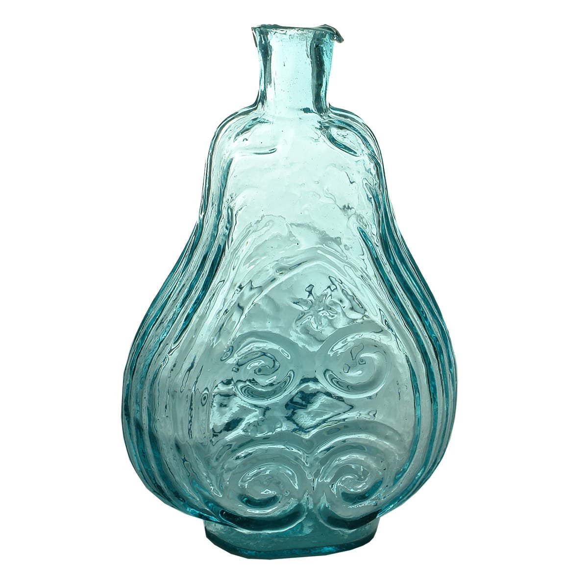 Large Scroll Flask. Two stars on either side. Tube Pontil scar. Cut off, flared shear lip. Blue Aqua