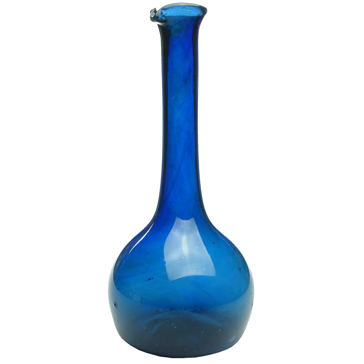 Early Glass. Cobalt Shaft and Globe Shape Bottle with Pouring Lip and Pontil.