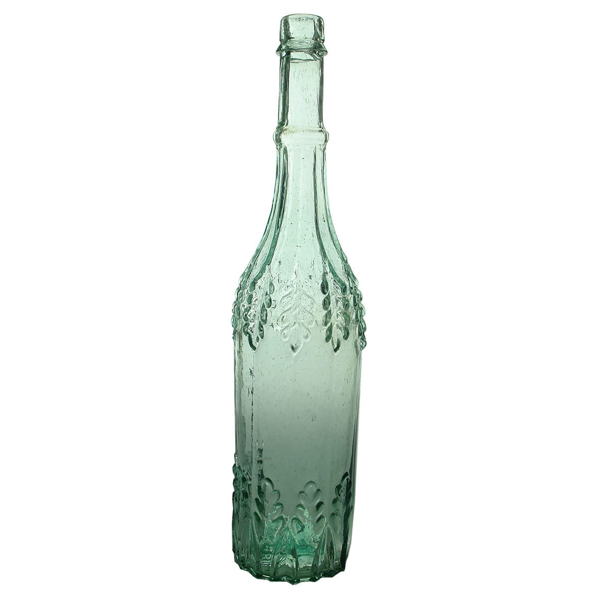 Goldfields. Robert Thin, Leaf Bottle. Aqua. 26 oz.