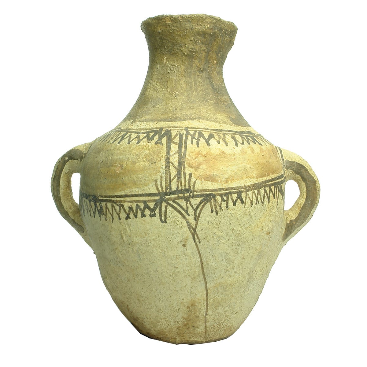 Large handled pottery jug. Iran circa 3000-1500BC (Tepe Giyan IV period?). Dark brown decoration on buff background.