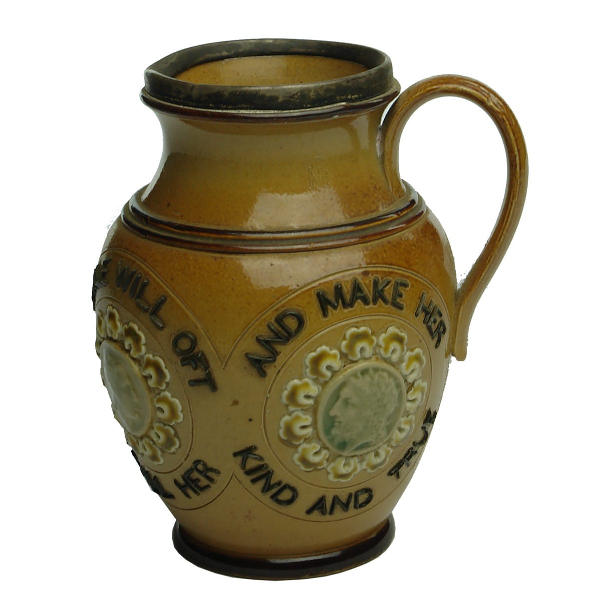 Pottery. Take Fortune As You Find Her Decorated Handled Jug with Hallmarked Metal Rim. Doulton. (United Kingdom)